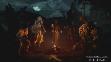 HD desktop wallpaper featuring a group of characters from Diablo IV gathered around a campfire in a dark, ominous setting.