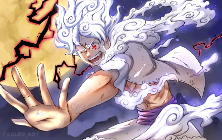 HD anime wallpaper featuring Monkey D. Luffy in Gear 5 form from One Piece, showcasing dynamic energy and intense expression against a vibrant background.