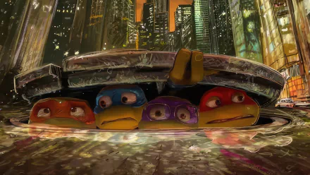 Teenage Mutant Ninja Turtles: Mutant Mayhem — four turtles peeking from a manhole in a rain-slick neon city, 4K Ultra HD PC desktop wallpaper and background.