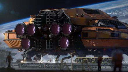 HD desktop wallpaper from the video game Star Atlas featuring a large spacecraft with multiple engines, surrounded by crew members on a landing pad in space.