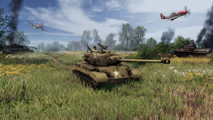 HD wallpaper featuring a scene from Men of War II with a detailed depiction of tanks on a battlefield with flying aircraft overhead.