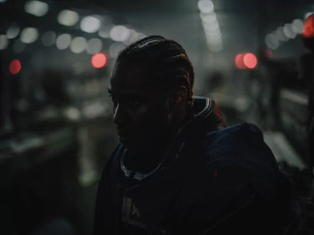 HD wallpaper featuring a still of a character from The Creator (2023) in a dimly lit industrial setting, providing a moody background for desktops.
