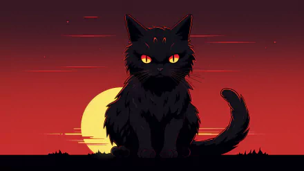HD desktop wallpaper featuring a majestic black cat with glowing eyes sitting against a vivid red sunset backdrop.