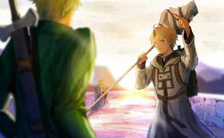 Rudeus Greyrat from Mushoku Tensei: Jobless Reincarnation stands with a staff at sunset, rendered in vibrant 4K Ultra HD anime style for PC desktop wallpaper.