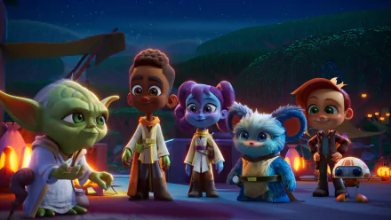 HD wallpaper featuring characters from Star Wars: Young Jedi Adventures against a starry night backdrop.
