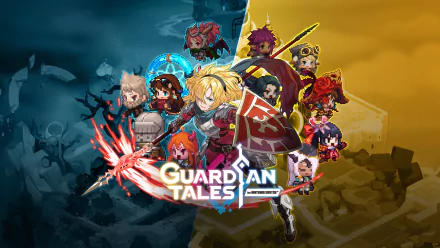 HD wallpaper featuring characters from Guardian Tales, including the Knight, in dynamic action poses for desktop background.