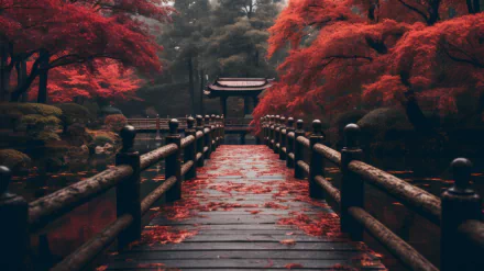 HD desktop wallpaper featuring a wooden bridge covered in fall leaves, leading to a traditional gate, surrounded by vibrant red maple trees in a serene garden.
