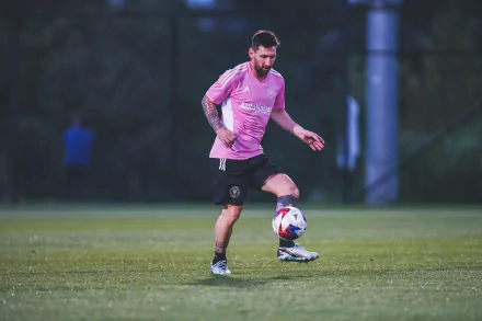 Soccer player in Inter Miami CF kit dribbling a ball on the field, HD desktop wallpaper background.