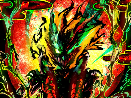 HD desktop wallpaper featuring Izuku Midoriya from My Hero Academia. The vibrant artwork showcases intense colors and elaborate designs framing the character in a dynamic and powerful stance.