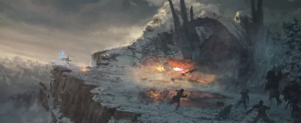 HD desktop wallpaper of an intense scene from the anime Mushoku Tensei: Jobless Reincarnation, featuring characters engaging in a dramatic snowy landscape with a large, dark creature.