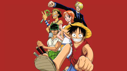 4K Ultra HD One Piece anime wallpaper featuring Luffy, Zoro, Nami, Sanji, and Usopp posing confidently against a solid red background.