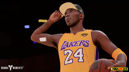 HD desktop wallpaper from NBA 2K24 featuring a virtual representation of Kobe Bryant in a Lakers #24 jersey saluting.