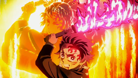 HD PC desktop wallpaper featuring vibrant anime art from Demon Slayer: Kimetsu no Yaiba, showcasing intense characters with fiery effects.