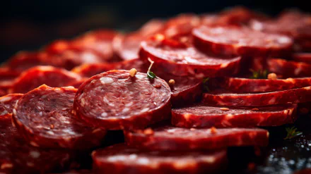 A close-up of vibrant, sliced salami arranged beautifully, showcasing rich textures and colors. This HD image serves as an appetizing desktop wallpaper and background.