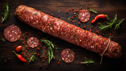 HD desktop wallpaper of a whole salami with slices, herbs, and spices on a dark wooden background.