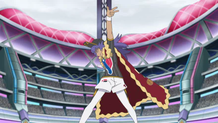 HD Desktop Wallpaper featuring Leon, the Champion from Pokémon Ultimate Journeys: The Series, posing victoriously in a battle stadium.