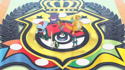 HD wallpaper from Pokémon Ultimate Journeys: The Series, featuring Ash and his Pokémon on a colorful battle arena.