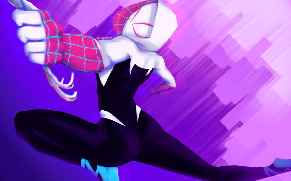 Gwen Stacy from Spider-Man: Across the Spider-Verse in dynamic action pose, featured in a vibrant 4K Ultra HD PC desktop wallpaper and background.