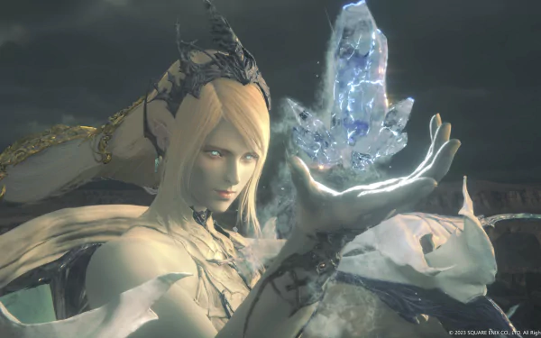 HD desktop wallpaper featuring Shiva from Final Fantasy XVI, gazing intently with an ice crystal in hand.