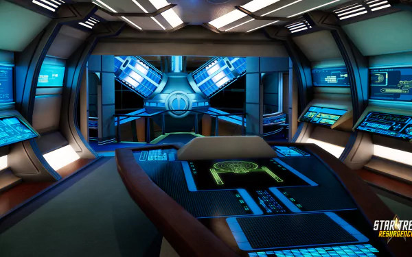 HD desktop wallpaper featuring the interior of a Starship from Star Trek: Resurgence with futuristic control panels and holographic displays.