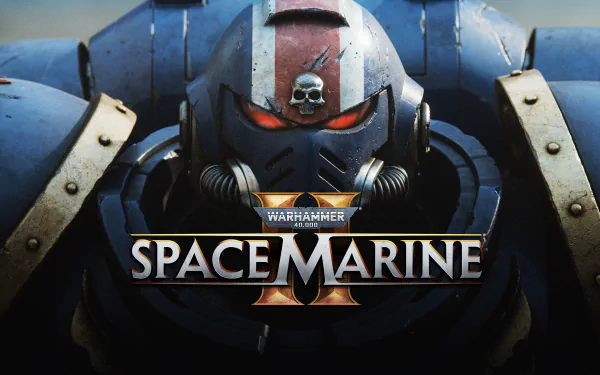 Warhammer 40,000: Space Marine II HD desktop wallpaper featuring close-up of Space Marine helmet with game logo.