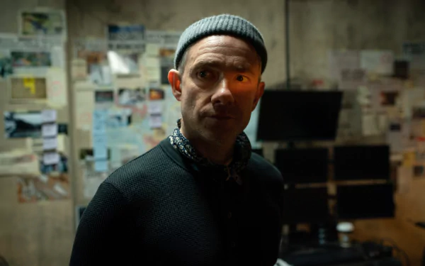Man standing in a dimly lit room with a wall covered in various papers and notes, with a serious expression, in a Secret Invasion themed HD desktop wallpaper and background.
