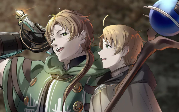 HD anime wallpaper featuring Paul Greyrat and Rudeus Greyrat from Mushoku Tensei: Jobless Reincarnation, showcasing detailed character designs and vibrant colors.