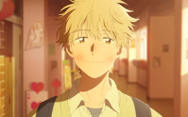 HD desktop wallpaper featuring a character from Skip and Loafer with a warm, sunny school hallway background.