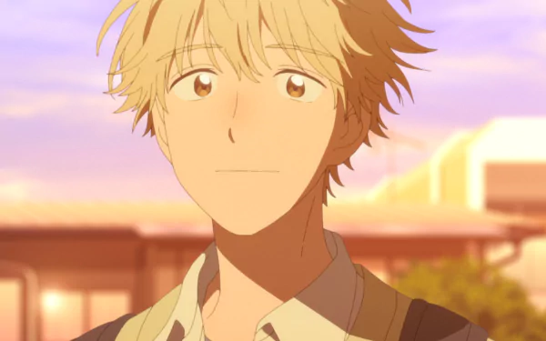 HD desktop wallpaper from Skip and Loafer featuring a close-up of a smiling male anime character with a sunset background.