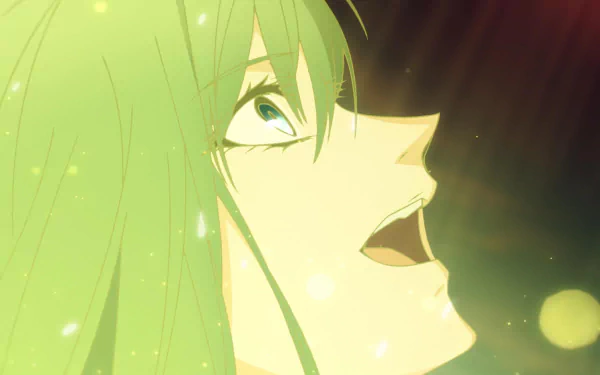 HD desktop wallpaper from Fate/strange fake featuring a close-up of an animated character with green hair against a shimmering background.