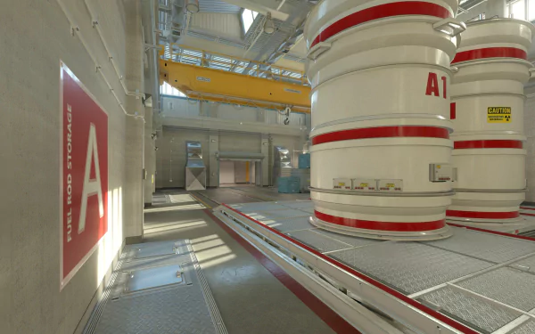 HD desktop wallpaper of a Counter-Strike 2 game scene, featuring an industrial map design with red and white storage tanks and a metallic interior.