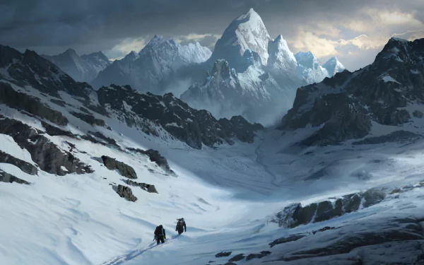 HD desktop wallpaper featuring a winter mountain climbing scene with snow-covered peaks and climbers ascending a rugged mountain landscape.