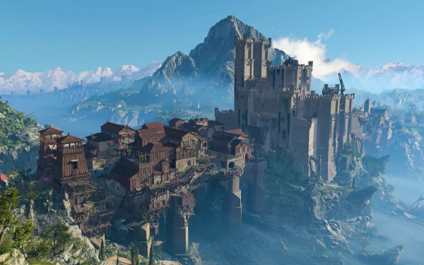 HD desktop wallpaper from Baldur's Gate 3 featuring a majestic castle perched atop a cliff with a panoramic view of mountains and water.