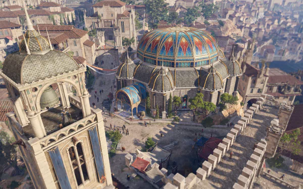 HD desktop wallpaper from Baldur's Gate 3 featuring a detailed aerial view of a vibrant fantasy city with a colorful domed building.