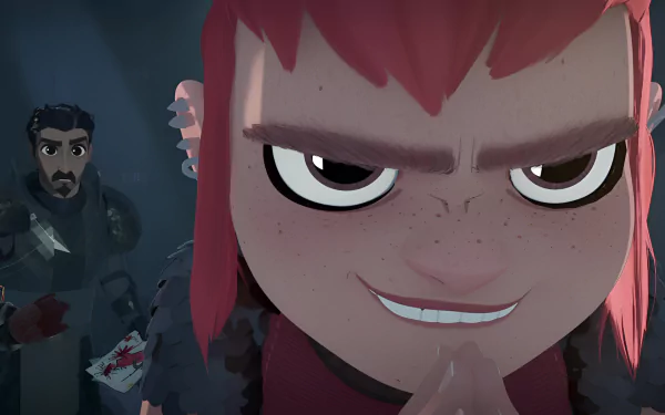 HD desktop wallpaper featuring a close-up of Nimona with a mischievous smile and a male character in the background, from the movie Nimona.