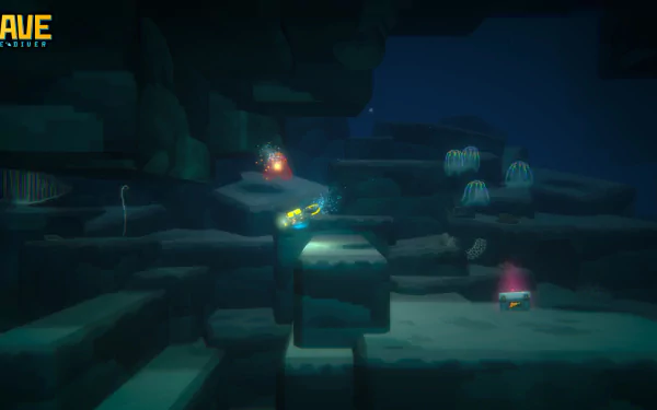 HD desktop wallpaper featuring an underwater scene from Dave the Diver game with mysterious ruins and glowing jellyfish.