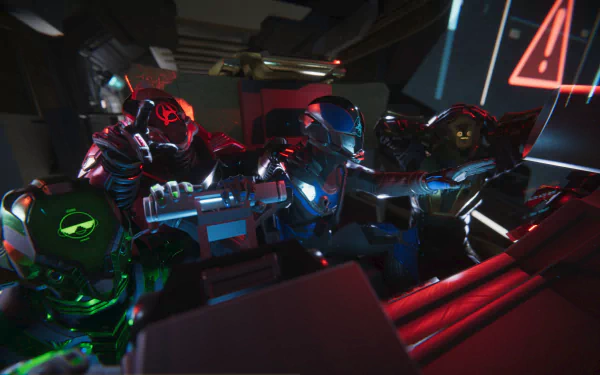 A high-definition desktop wallpaper from the video game Void Crew, featuring characters in futuristic suits interacting in a vibrant, sci-fi setting.