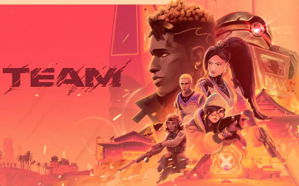 4K Ultra HD Valorant PC desktop wallpaper featuring a dynamic team of agents poised for action against a vibrant orange backdrop.