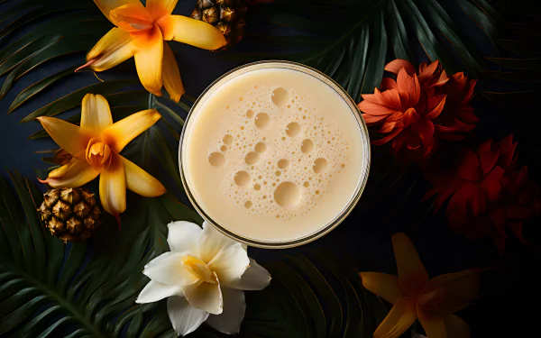 HD desktop wallpaper of a Pina Colada surrounded by vibrant tropical flowers and green leaves, creating an inviting and exotic background.