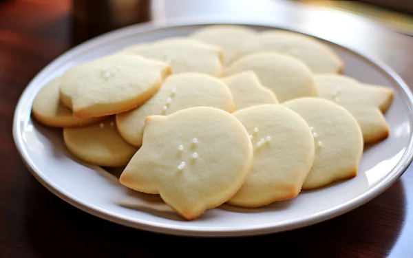A plate of beautifully decorated sugar cookies, shaped like leaves, arranged on a wooden surface, creating a delightful food-themed HD desktop wallpaper and background.