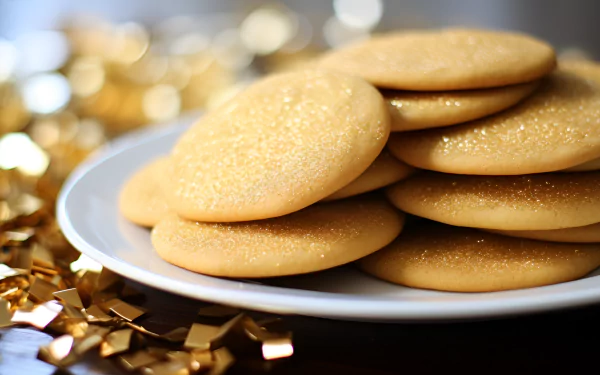 A close-up of golden sugar cookies topped with sparkling sugar, arranged on a plate with golden confetti in the background, creating a festive and inviting food-themed HD desktop wallpaper.