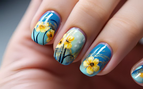 Close-up of a hand with detailed floral nail art design featuring blue and yellow flowers on high-definition desktop wallpaper.