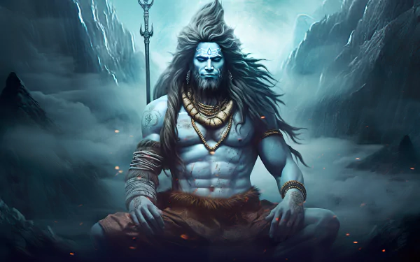 HD desktop wallpaper featuring Lord Shiva, depicted as Mahadev, meditating in a mystical mountain setting with his trident, suitable as a religious background.