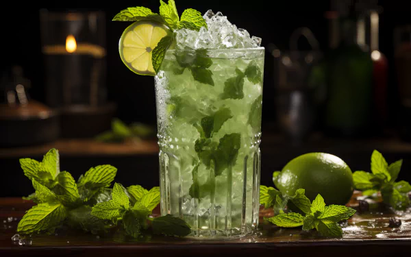 A refreshing mojito cocktail filled with crushed ice, mint, and lime, surrounded by lush mint leaves, creates a vibrant and enticing desktop wallpaper.