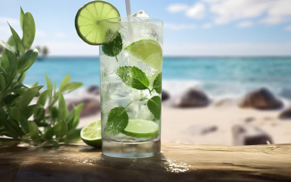 HD desktop wallpaper of a refreshing mojito cocktail with lime and mint on a beach background.