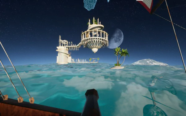 HD desktop wallpaper featuring a fantastical scene from the video game Only Up! with a floating castle above an ocean under a night sky.