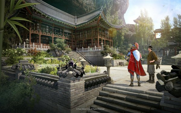 HD desktop wallpaper of Black Desert Online featuring detailed traditional architecture and characters in an immersive setting for a vibrant background.