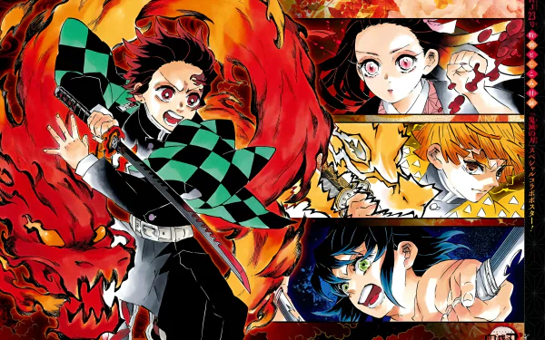 HD PC desktop wallpaper featuring anime characters from Demon Slayer: Kimetsu no Yaiba in dynamic poses with fiery and intense backgrounds.