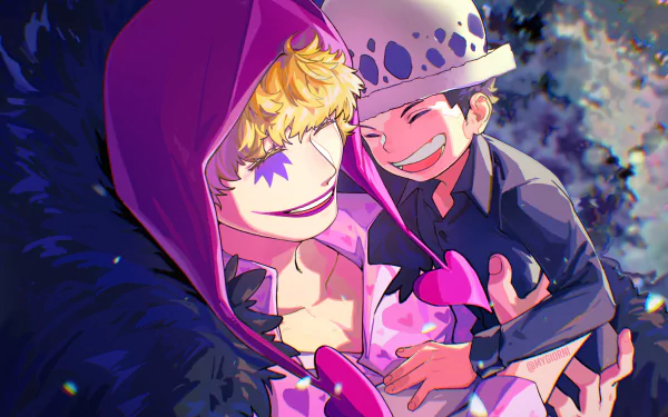 Trafalgar Law and Donquixote Rosinante (Corazon), characters from One Piece anime, featured in a vibrant HD desktop wallpaper and background.