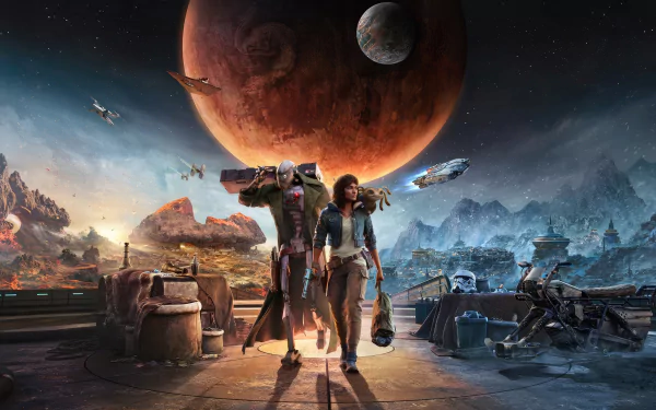 4K Ultra HD PC desktop wallpaper featuring Star Wars Outlaws, showcasing two characters standing in a rugged sci-fi landscape with spacecraft and a large red planet in the background.